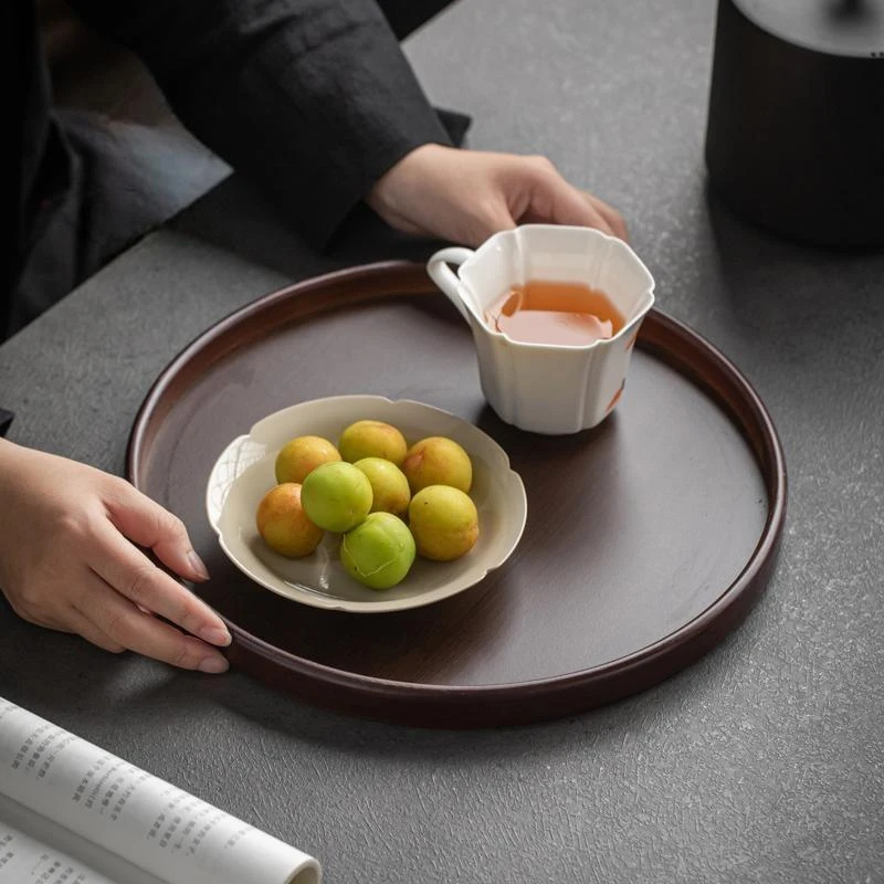 复古日式圆形托盘家用放茶杯茶盘简约收纳茶水盘子餐厅酒店竹茶托
