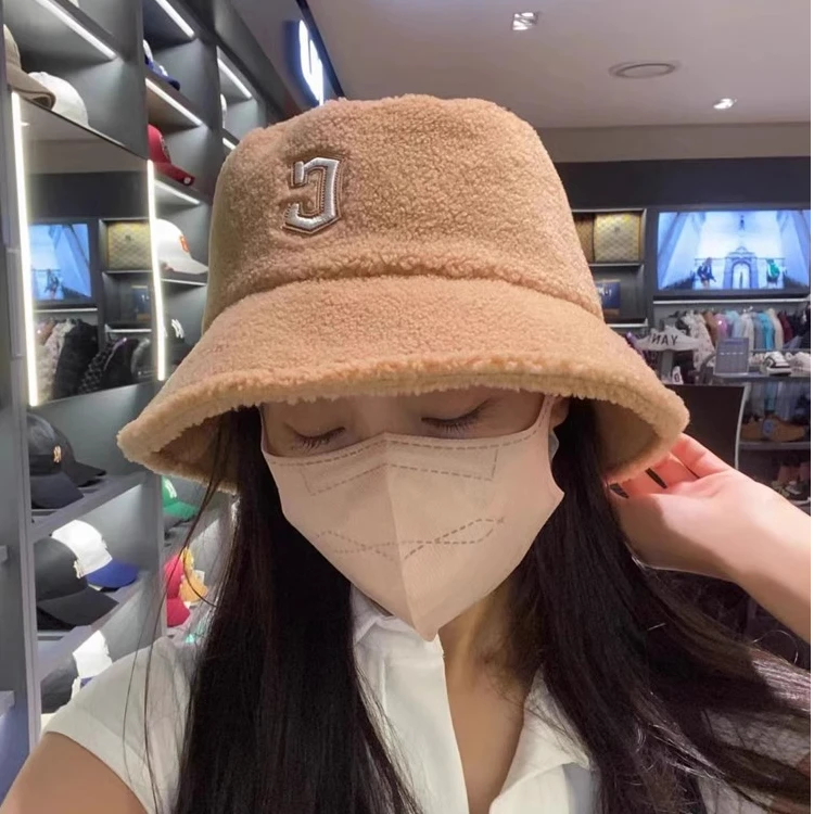 MLB韩国MLB帽子秋冬新款羊羔绒保暖渔夫帽大帽檐显脸小盆帽男女