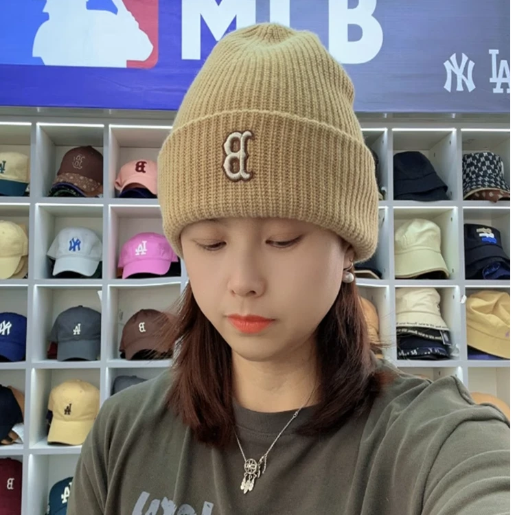 韩国MLB帽子冬季新绵羊毛保暖毛线帽冷帽男女百搭LA小标针织帽女