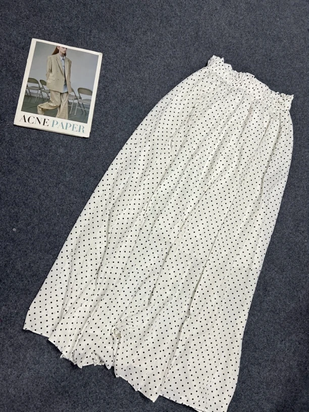 1022波点白色超长简约冰感半身裙时尚休闲纯色褶皱A字百搭