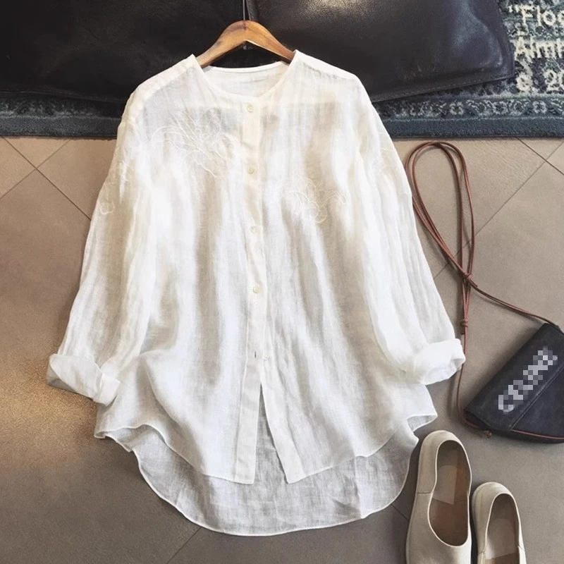 3315轻薄亚麻白色肌理感微透衬衫2024夏季新款刺绣天丝棉麻上衣女