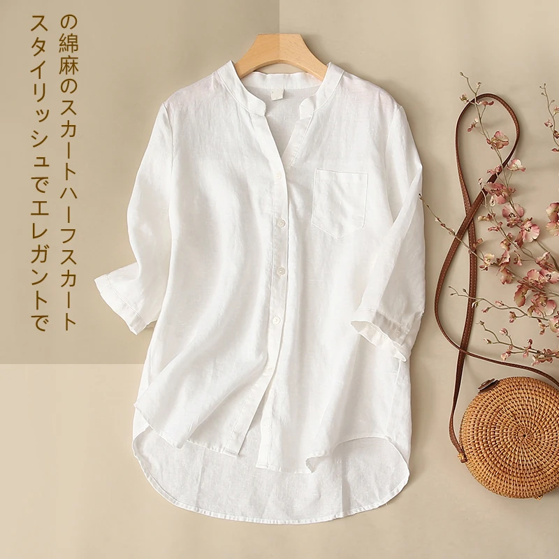 春夏百搭衬衫女新款棉麻宽松文艺时尚纯色休闲大码透气五分袖上衣