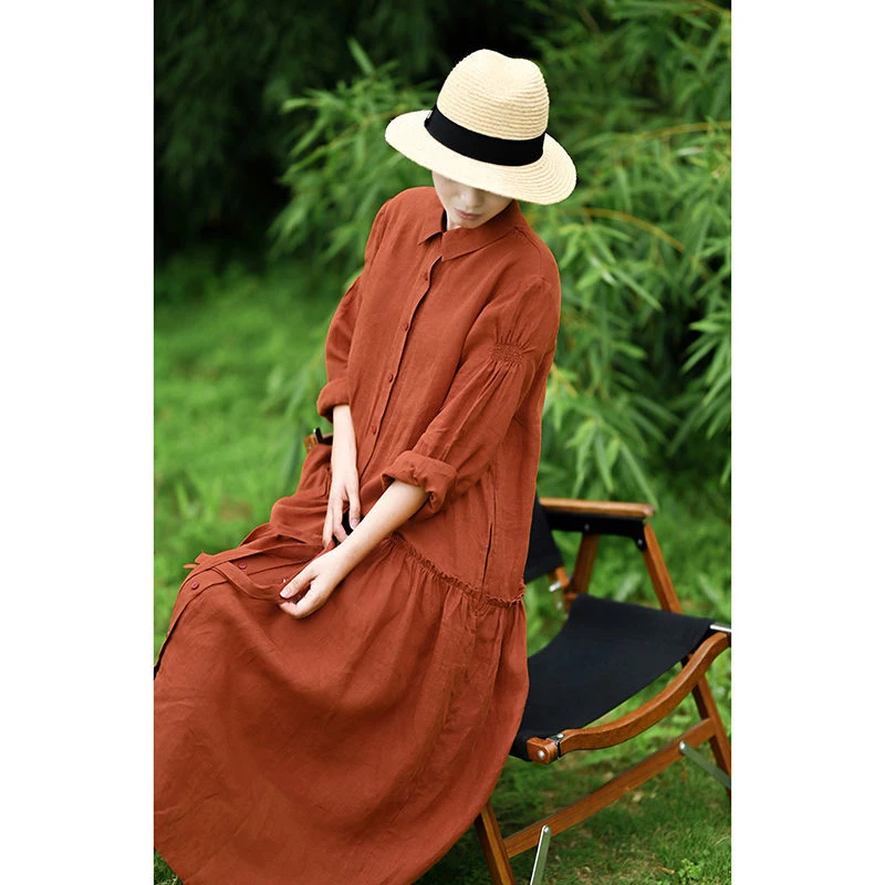棉麻长袖连衣裙春秋季新款纯色大码宽松显瘦休闲温柔风减龄裙子女
