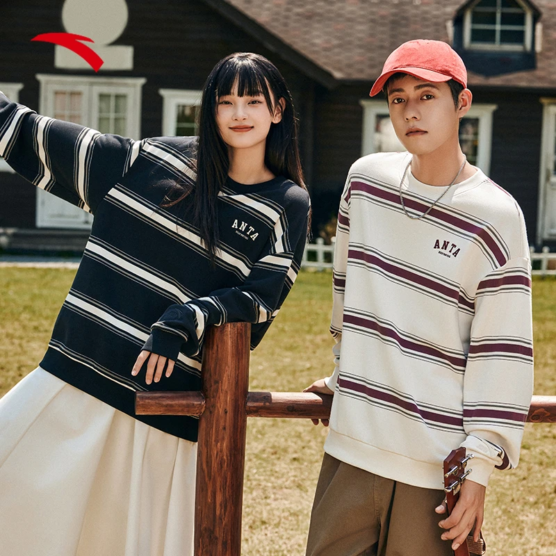 安踏美式套头卫衣男女同款秋季新款复古休闲宽松条纹长袖运动上衣
