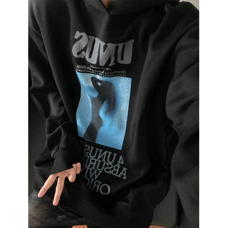 CZM美式复古重磅字母人物印花连帽卫衣男女秋冬宽松百搭高级上衣
