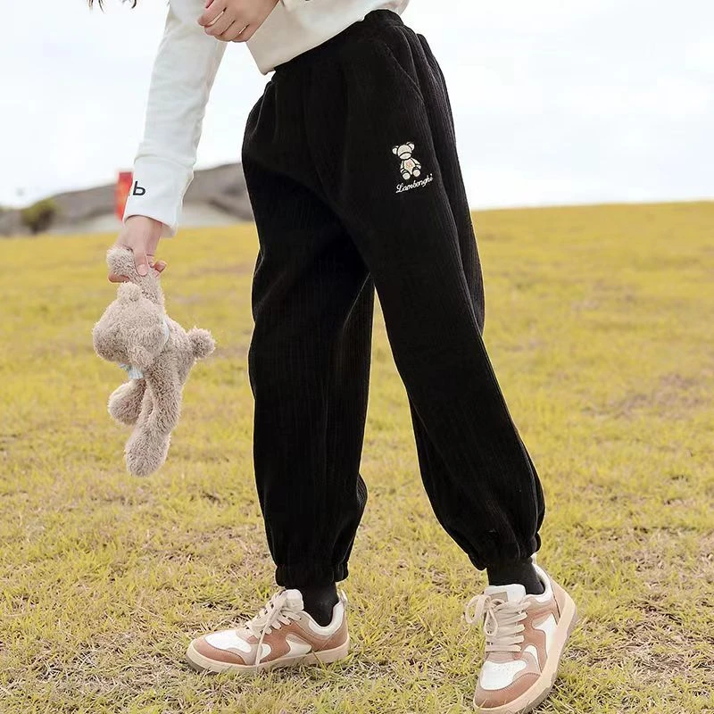女宝宝卡其熊灯芯绒女童加绒裤子秋冬装加厚中大童宽松休闲棉裤子