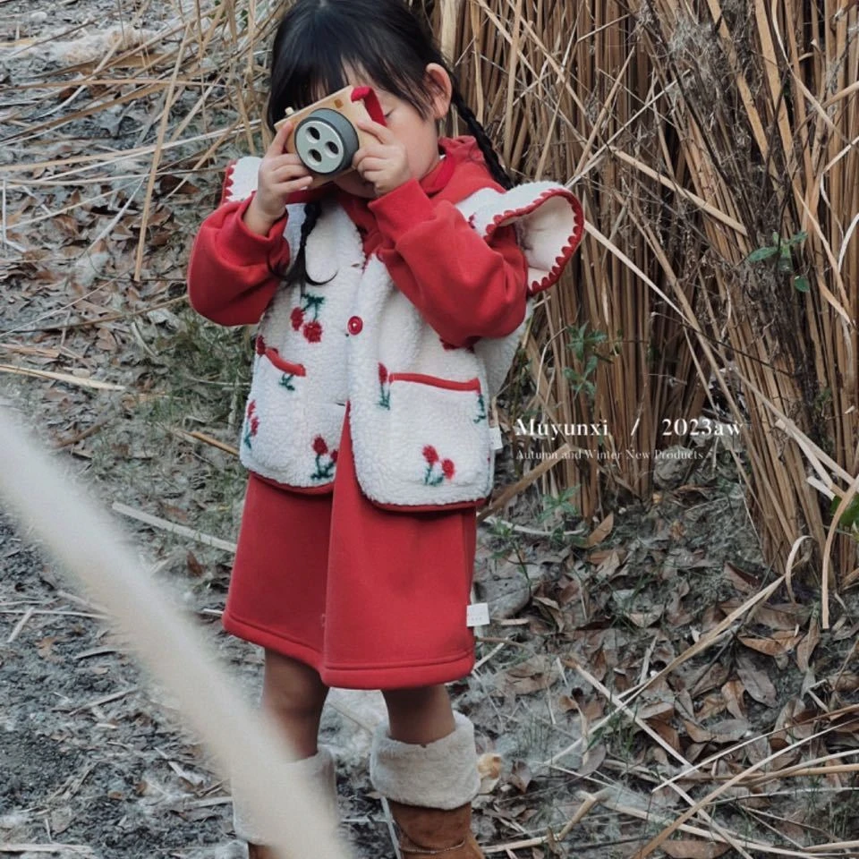 女童加绒两件套套装裙，90-130码中国风秋冬洋气加厚红色儿童小童