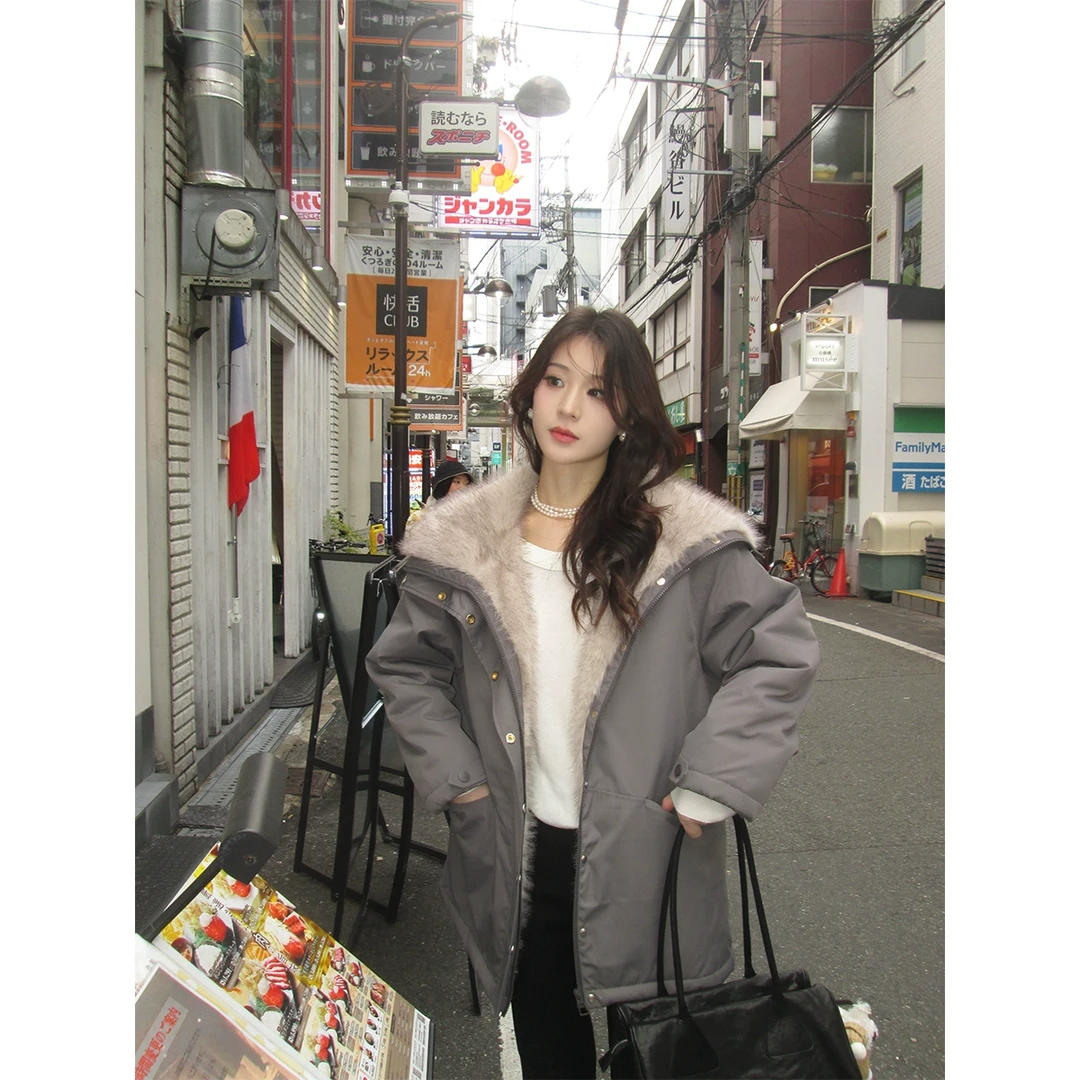ICELOLLY宽松大翻领加厚派克服皮毛一体环保皮草女冬保暖毛毛外套