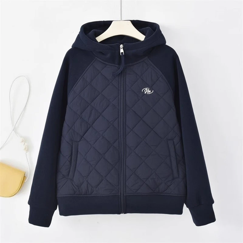 2024秋冬新款卫衣简约通勤韩版加绒加厚保暖防风连帽拼接棉服外套