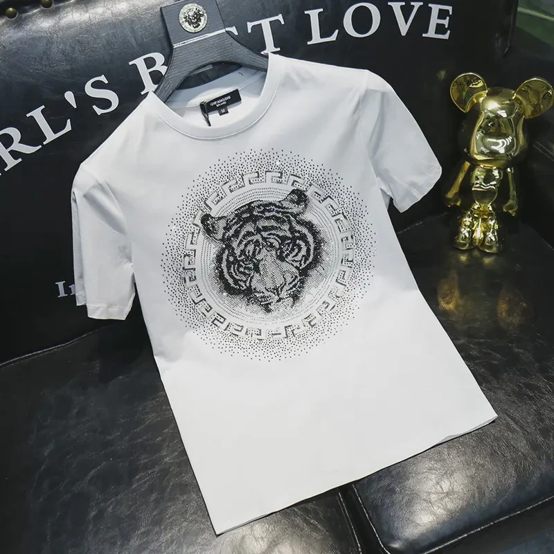 2025夏季新款短袖男士青年潮牌潮流霸气虎头烫钻纯棉半袖t恤男款