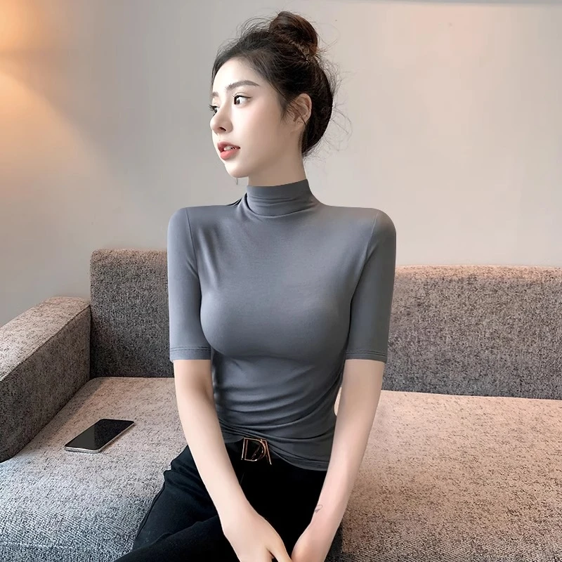 铁灰色冰丝中袖t恤女半高领内搭2024新款夏季薄款五分袖修身上衣