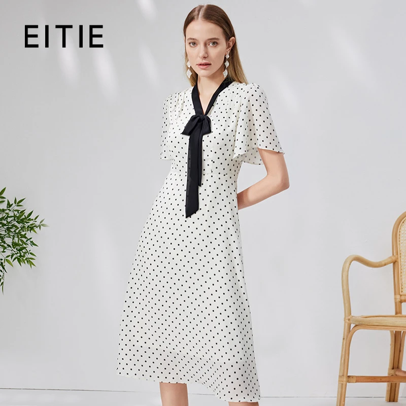 EITIE爱特爱复古波点飘带V领收腰波点浪漫连衣裙法式B2307152
