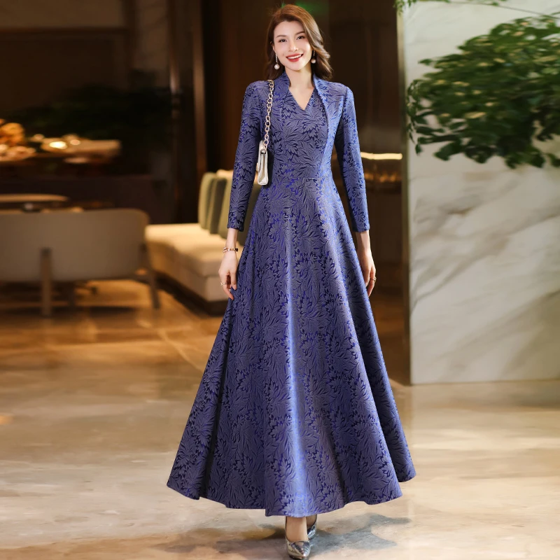 春季蓝色长裙女2025年新款气质高端优雅轻奢大摆裙复古修身连衣裙