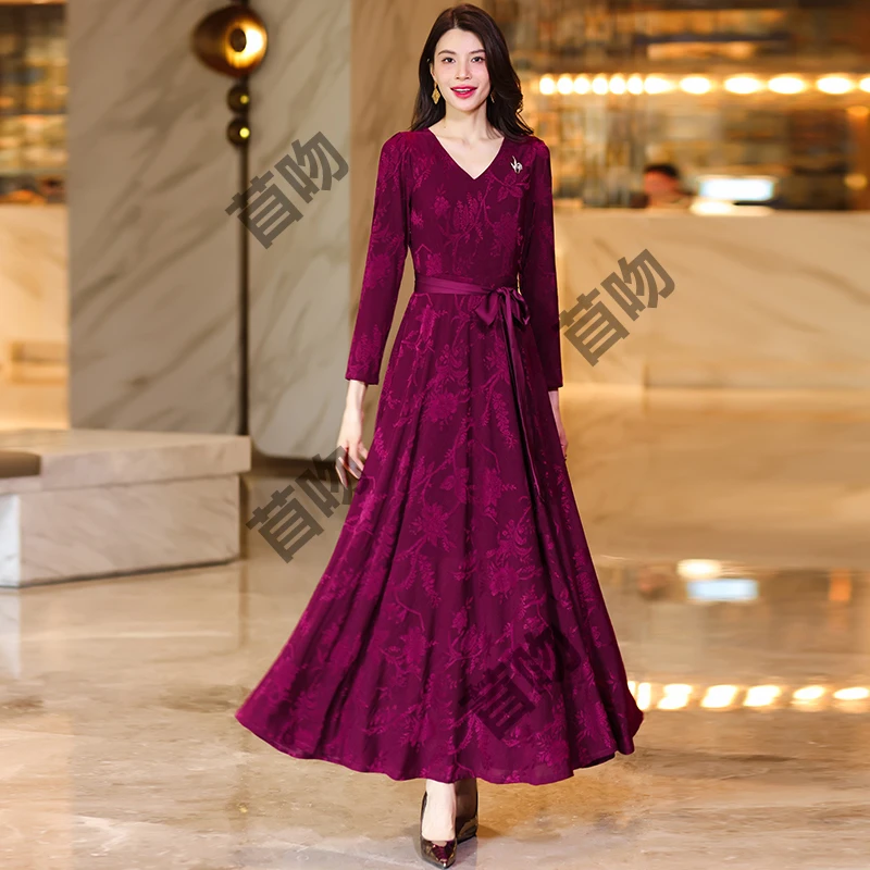 秋季长袖连衣裙女胭脂紫高级感礼服裙收腰显瘦气质过膝长裙子9703