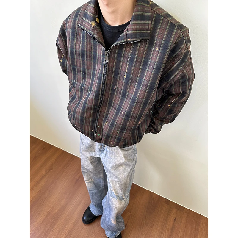 MADEXTREME 廓形宽松短宽加厚泼墨复古冬季保暖外套休闲立领夹克