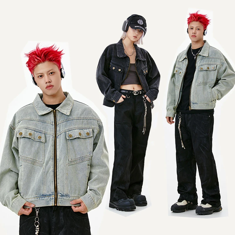 【EME】秋季新品CleantFit洗水复古做旧压印字母牛仔外套宽松男美式