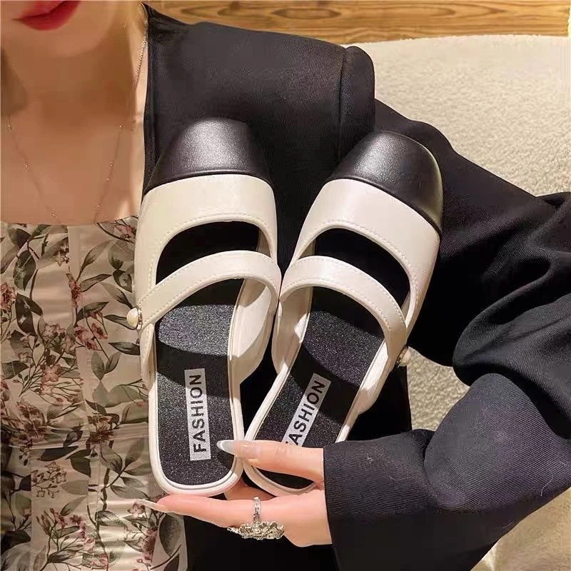 新款包头半拖鞋女2024年春夏季韩版仙女风通勤气质拼色法式凉拖鞋