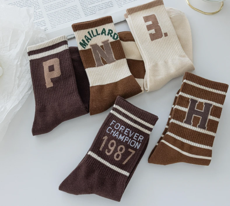 秋冬爆款！！新款美拉德仿双针无骨潮流中筒棉袜5双装