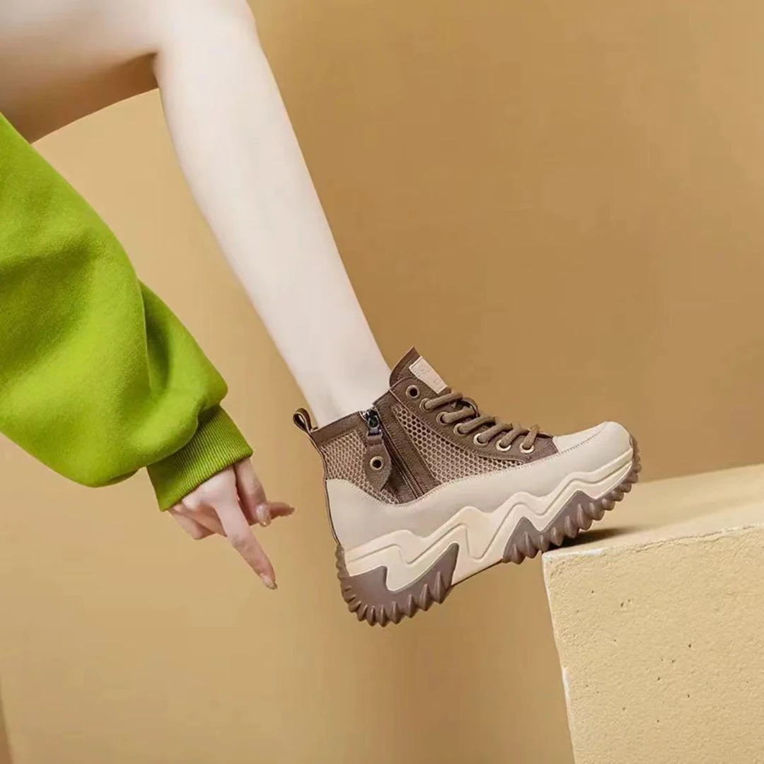 真皮内增高运动凉鞋女鞋2024新款夏季厚底镂空透气爆款老爹小白鞋