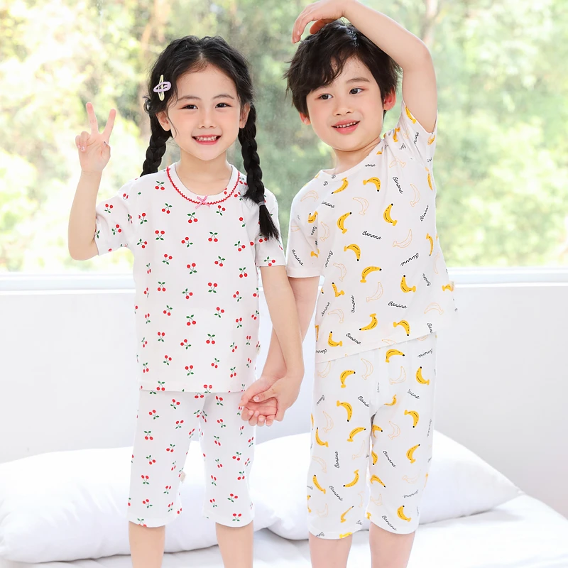 儿童款睡衣套装宝宝男女童夏季薄纯棉莱卡棉A类短袖家居服空调服