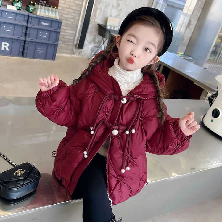 【现货羽绒服】女童冬季新款时尚洋气流苏刺绣中国红盘扣连帽羽绒服