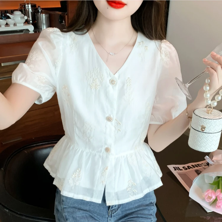 法式v领短袖雪纺衬衫女夏季时尚洋气收腰遮肚子上衣气质减龄小衫