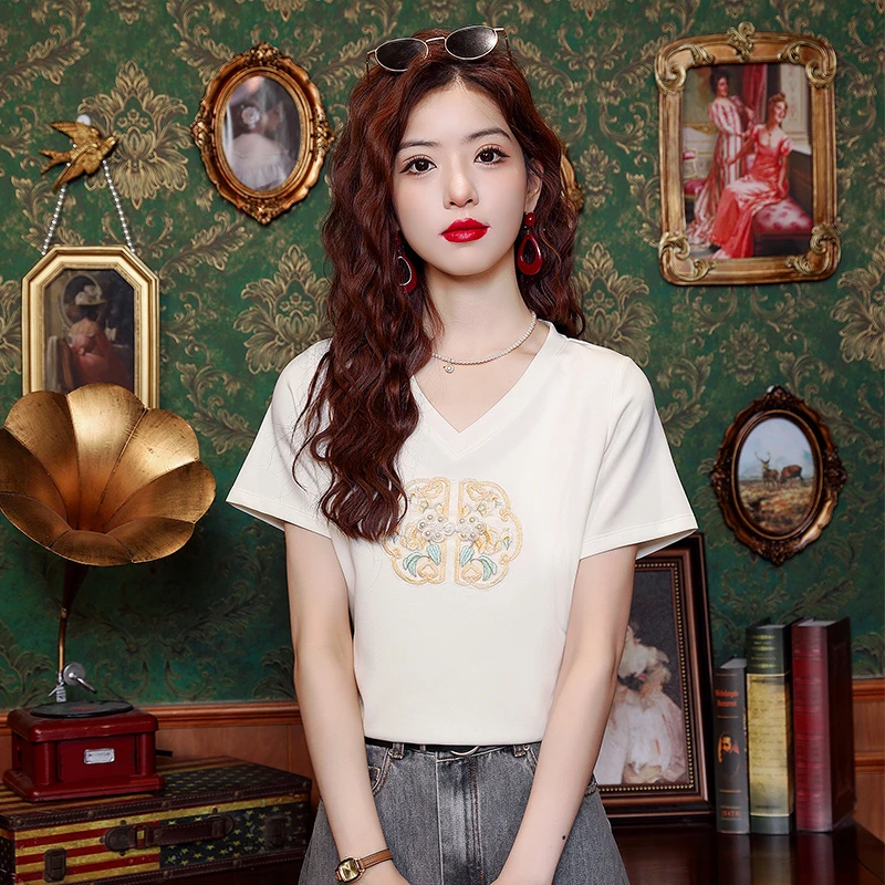新中式刺绣短袖t恤女装夏季不规则设计感别致V领正肩收腰显瘦小衫