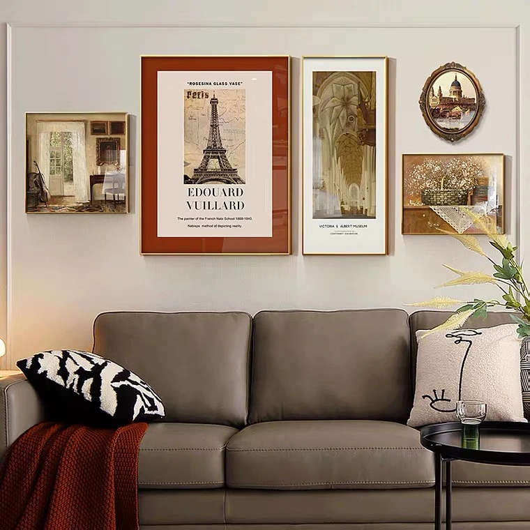 组合画 沙发背景画 美式法式复古画 铝合金拉丝边框