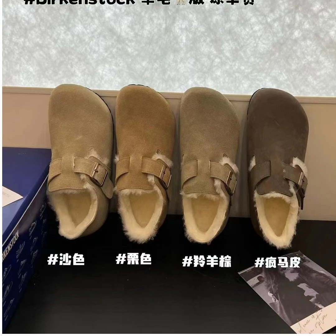 勃肯系列扣带加绒棉鞋博肯鞋女2023冬新款百搭真皮保暖羊毛毛单鞋