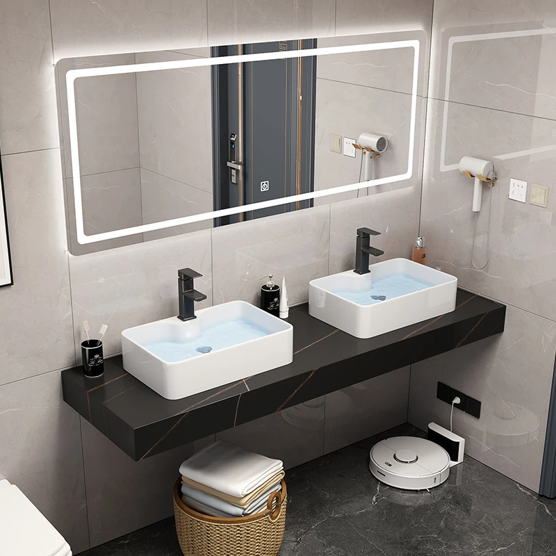 岩板公共厕所多人洗漱台双人位洗手盆柜组合台面双盆洗脸池套装