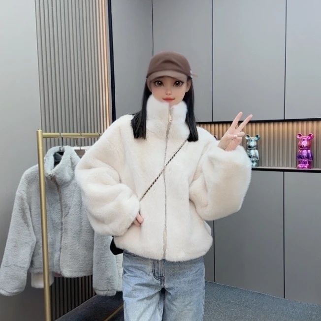 【BUYIT】立领短款拉链气质百搭时尚休闲宽松慵懒冬季保暖毛毛外套