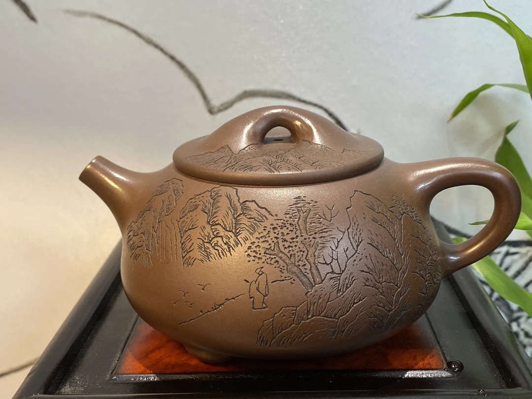 山水景舟石瓢紫砂壶-革紫泥-赵信军-260CC纯手工