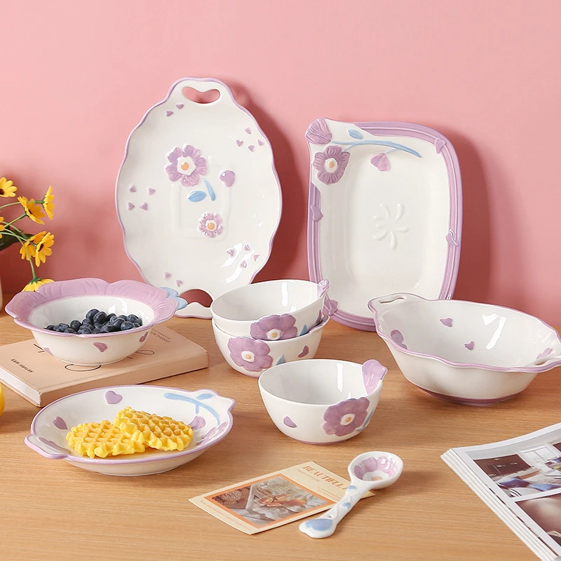 紫色陶瓷餐具米饭碗儿童高颜值可爱家用釉下彩餐具小孩餐具辅食碗