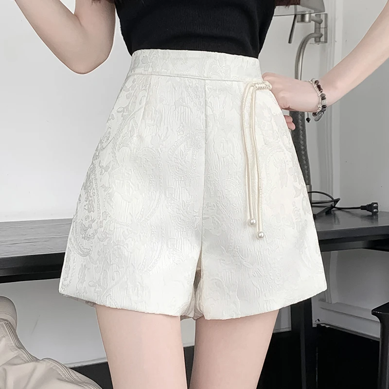 乔恩姐姐专属中国风短裤女白色春夏中式百搭提花盘扣A字阔腿裤180