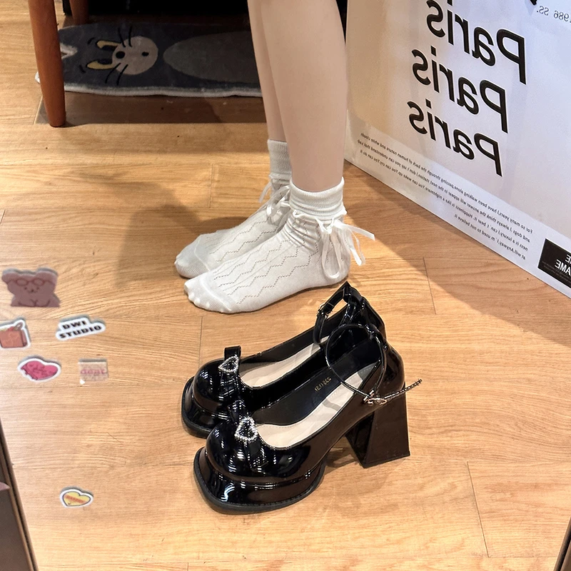 时尚黑色法式少女超高跟鞋子2023年春夏季新款粗跟玛丽珍单鞋厚底
