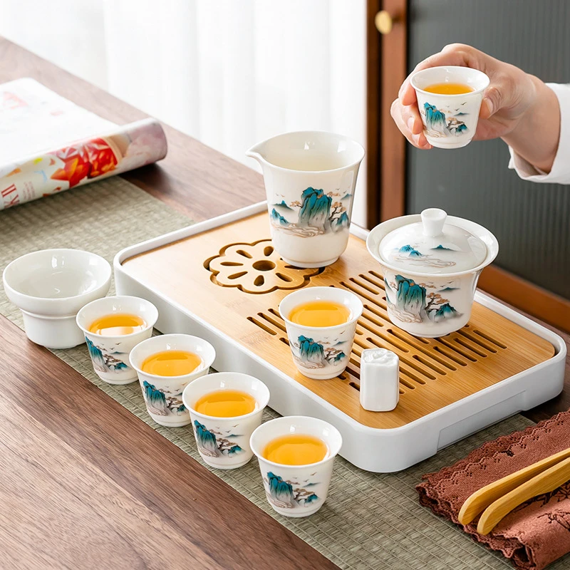 羊脂玉白瓷茶具套装轻奢简约家用办公室中式陶瓷盖碗茶壶茶杯整套