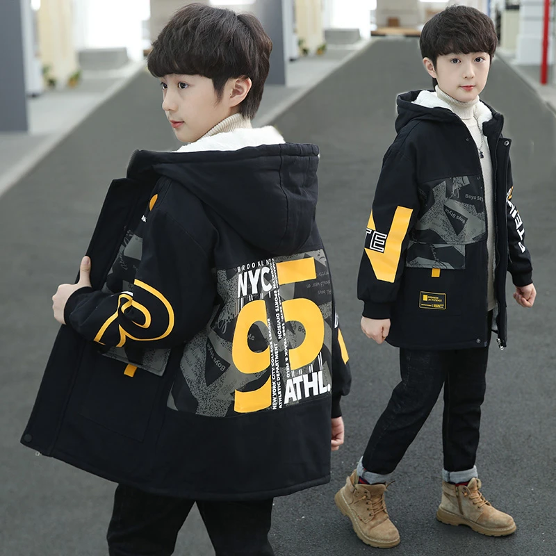 男童加绒外套派克服2025新款中大童男孩中长款冬款洋气棉衣加厚潮
