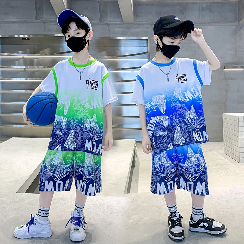 儿童篮球服短袖套装夏装中大童洋气假两件训练服男孩国风速干球衣