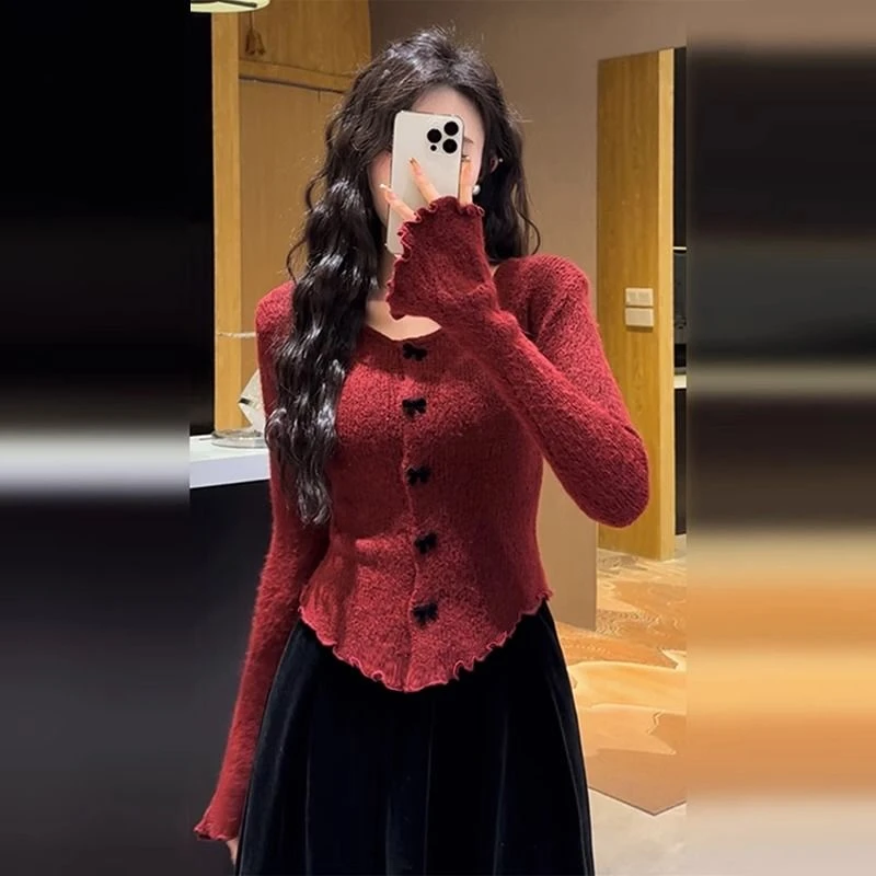 本命年红色不规则长袖针织开衫女秋冬修身短款辣妹内搭打底衫上衣