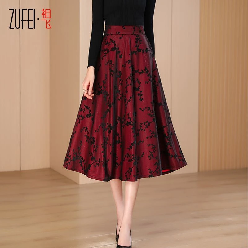 秋冬新款休闲半身裙女中长款显瘦大码高腰花色百搭气质红色中长裙