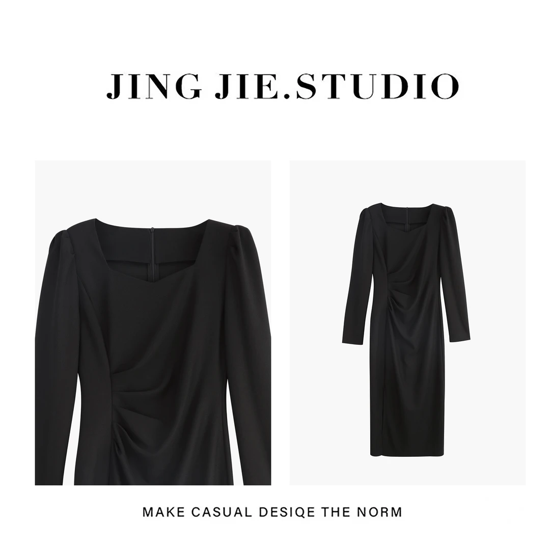 【连衣裙】JINGJIE STUDIO敬姐 2024秋款气质修身褶皱小黑裙9918