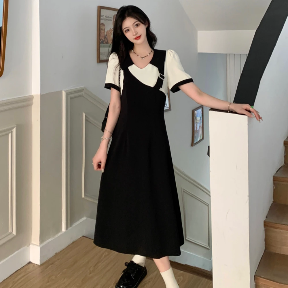 大码微胖mm夏季高腰假两件翻领连衣裙女韩版时尚学院风a字长裙子