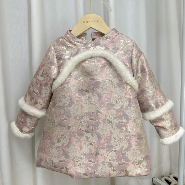 2024女童冬季新款唐装旗袍裙 宝宝国风长袖加绒加厚拜年服