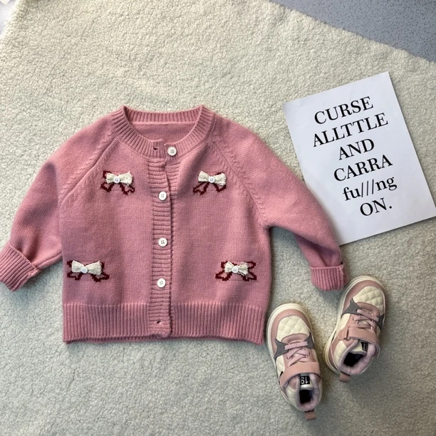 2024女童秋冬季新款时尚洋气蝴蝶结开衫毛衣外套