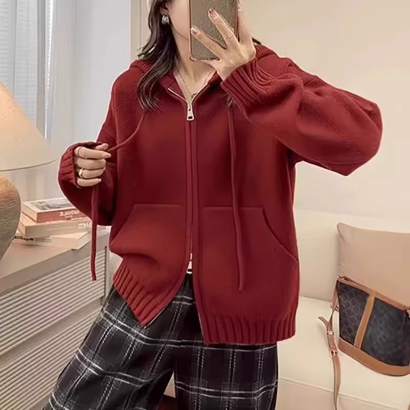 连帽针织拉链开衫女秋冬慵懒风宽松显瘦加厚毛衣百搭纯色外套