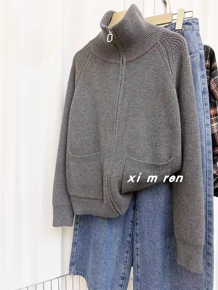 高领双拉链纯色插肩袖针织开衫秋冬新款简约学院风显瘦百搭毛衣