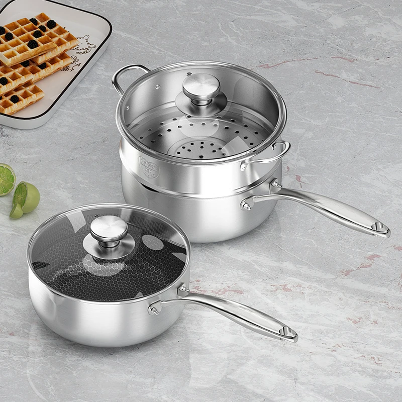316不锈钢外亮光加厚三层辅食煮面炒菜锅雪平锅不粘锅小奶锅家用