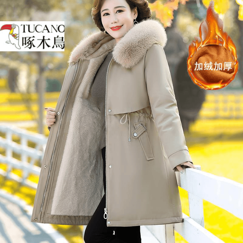 啄木鸟妈妈冬装棉衣2023新款中老年棉服女中长款加绒加厚派克服外