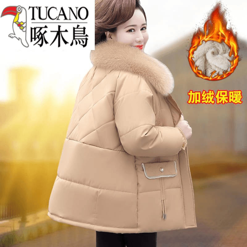 啄木鸟中年妈妈冬装外套洋气短款棉服中老年女冬季棉袄加绒加厚棉