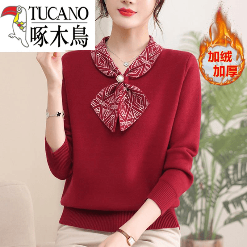 啄木鸟妈妈冬装本命年红色打底小衫中老年女加绒加厚毛衣一体绒上